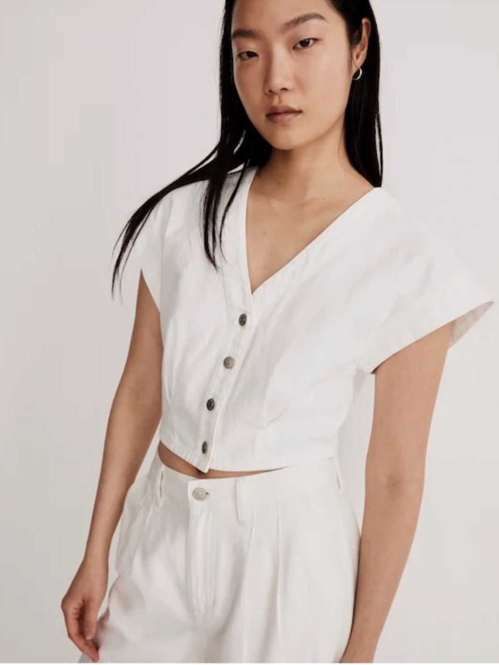 Madewell White Button-Front cap sleeve  Cropped V-Neck Top denim 12 L